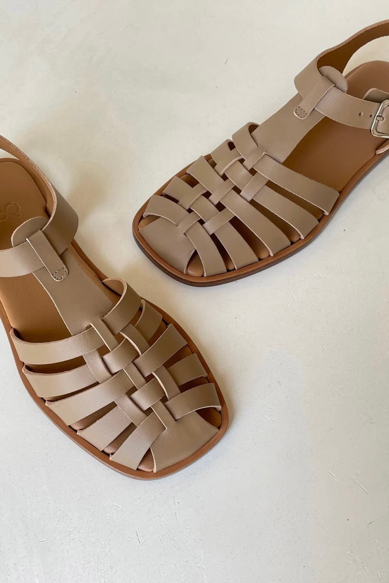 LOQ Rio sandal in taupe leather fisherman sandal close up angled view showing woven straps and square toe