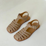 LOQ Rio sandal in taupe leather fisherman sandals angled view showing woven leather straps and flat sole
