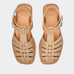 LOQ Rio sandal in taupe leather fisherman sandal top view with woven straps and buckle closure