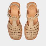 LOQ Rio sandal in taupe leather fisherman sandal top view with woven straps and buckle closure