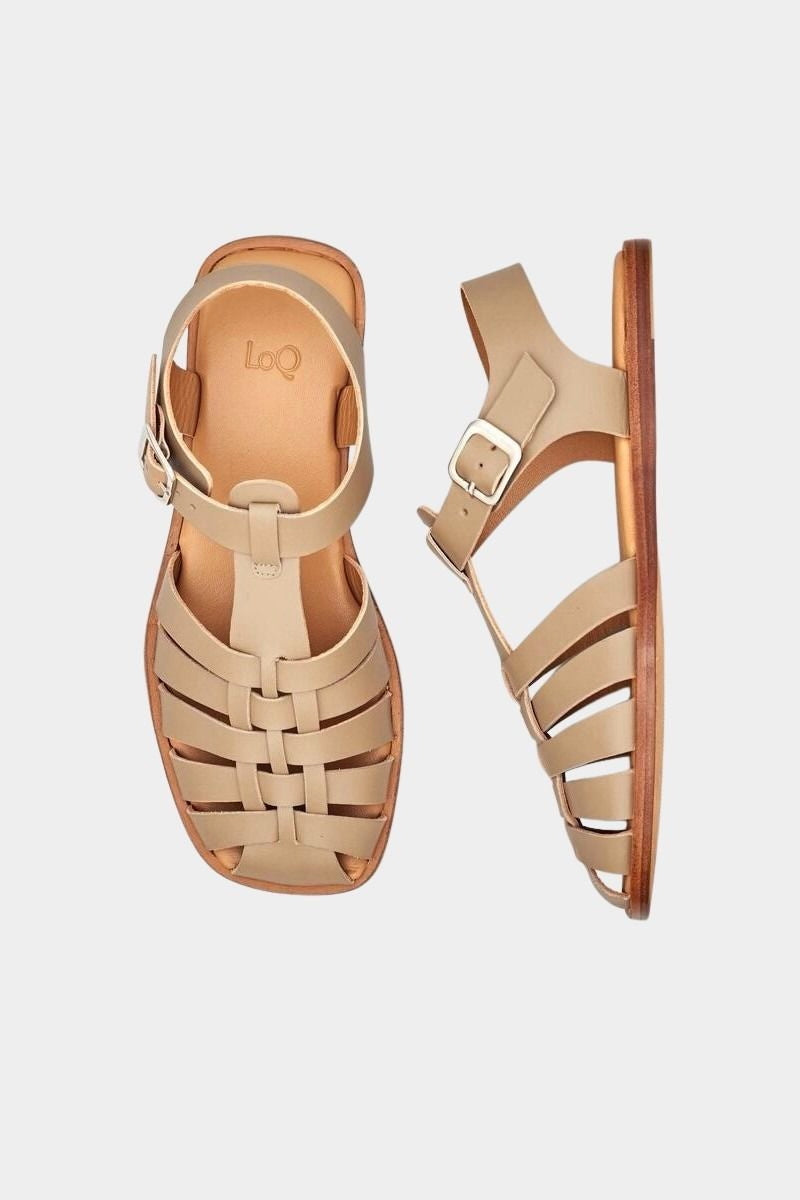 LOQ Rio sandal in taupe leather fisherman sandal pair top view showing woven upper and ankle strap