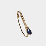 14K gold hinged hoop earring with sapphire drop and diamond detail.