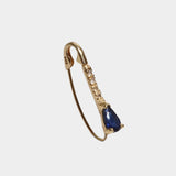 14K gold hinged hoop earring with sapphire drop and diamond detail.