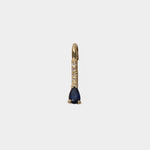 14K gold drop hoop earring with pear-shaped sapphire and diamond accents.