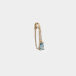 14K gold hinged hoop earring with blue topaz drop and diamond detail.