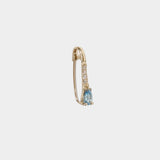 14K gold hinged hoop earring with blue topaz drop and diamond detail.