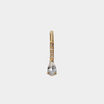 14K gold drop hoop earring with diamond and sapphire accents.