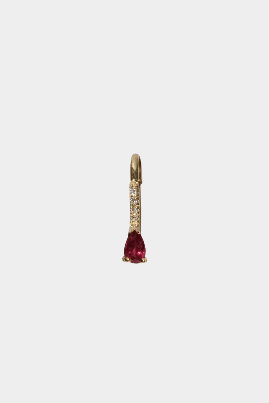 Front view of Mini Ruby Diamond Safety Pin Earring in 14k yellow gold
