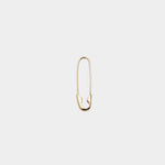 14K gold elongated hoop earring with modern safety pin design.