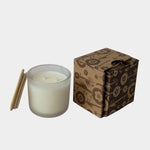 Los Poblanos Vela de la Hacienda Spa Candle with frosted glass vessel, bamboo lid, and floral gift box available at YUCCA Denver boutique in Denver, Colorado