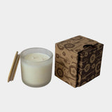 Los Poblanos Vela de la Hacienda Spa Candle with frosted glass vessel, bamboo lid, and floral gift box available at YUCCA Denver boutique in Denver, Colorado