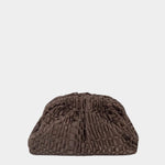 Side profile of Maria La Rosa Mini Game Bag in Dark Brown woven ribbon handbag