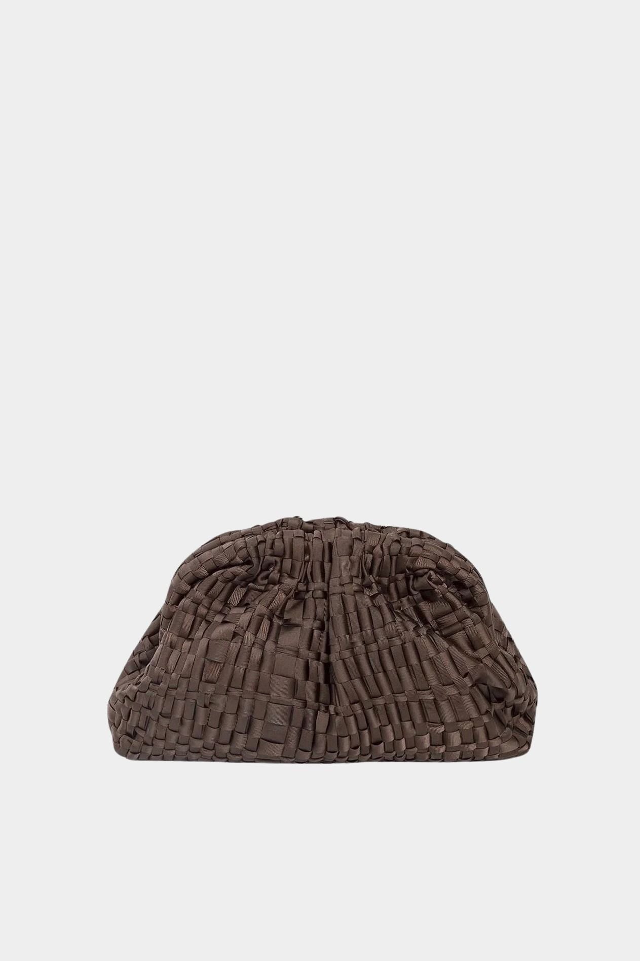 Side profile of Maria La Rosa Mini Game Bag in Dark Brown woven ribbon handbag