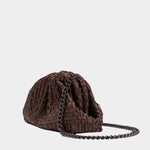 Maria La Rosa Mini Game Bag in Dark Brown woven ribbon handbag with tonal chain strap