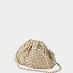 Side view of Maria La Rosa Mini Game Bag in Satin Gold woven ribbon handbag