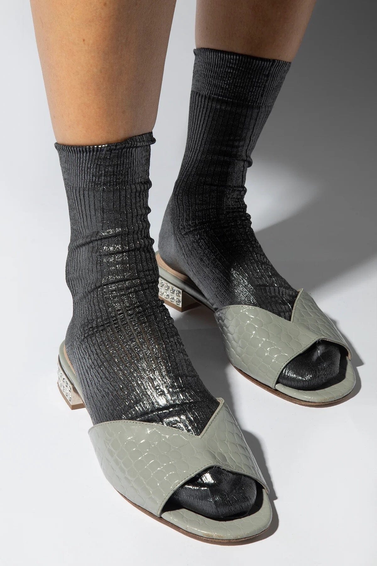 MARIA LA ROSA | One Ribbed Laminated Sock - Fumo - SHOP YUCCA Socks Maria La Rosa - YUCCA Artistic clothing for women, boutique near me, boutique stores near me, capsule wardrobe, fashion for women over 50.