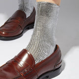 Maria La Rosa - One Ribbed Laminated Socks - Silver - Socks - YUCCA, boutique near me, unique socks, Italian socks.