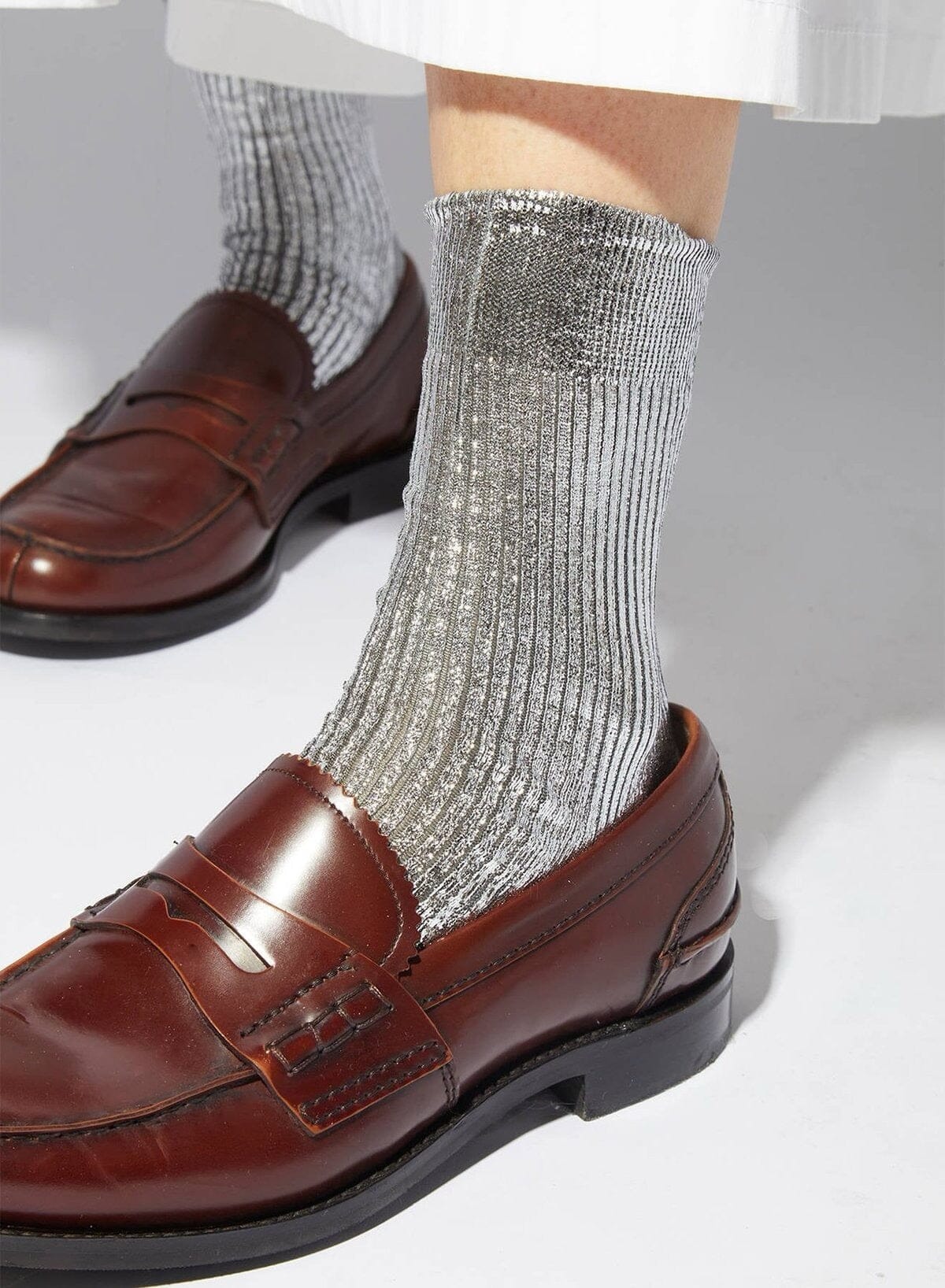 Maria La Rosa - One Ribbed Laminated Socks - Silver - Socks - YUCCA, boutique near me, unique socks, Italian socks.