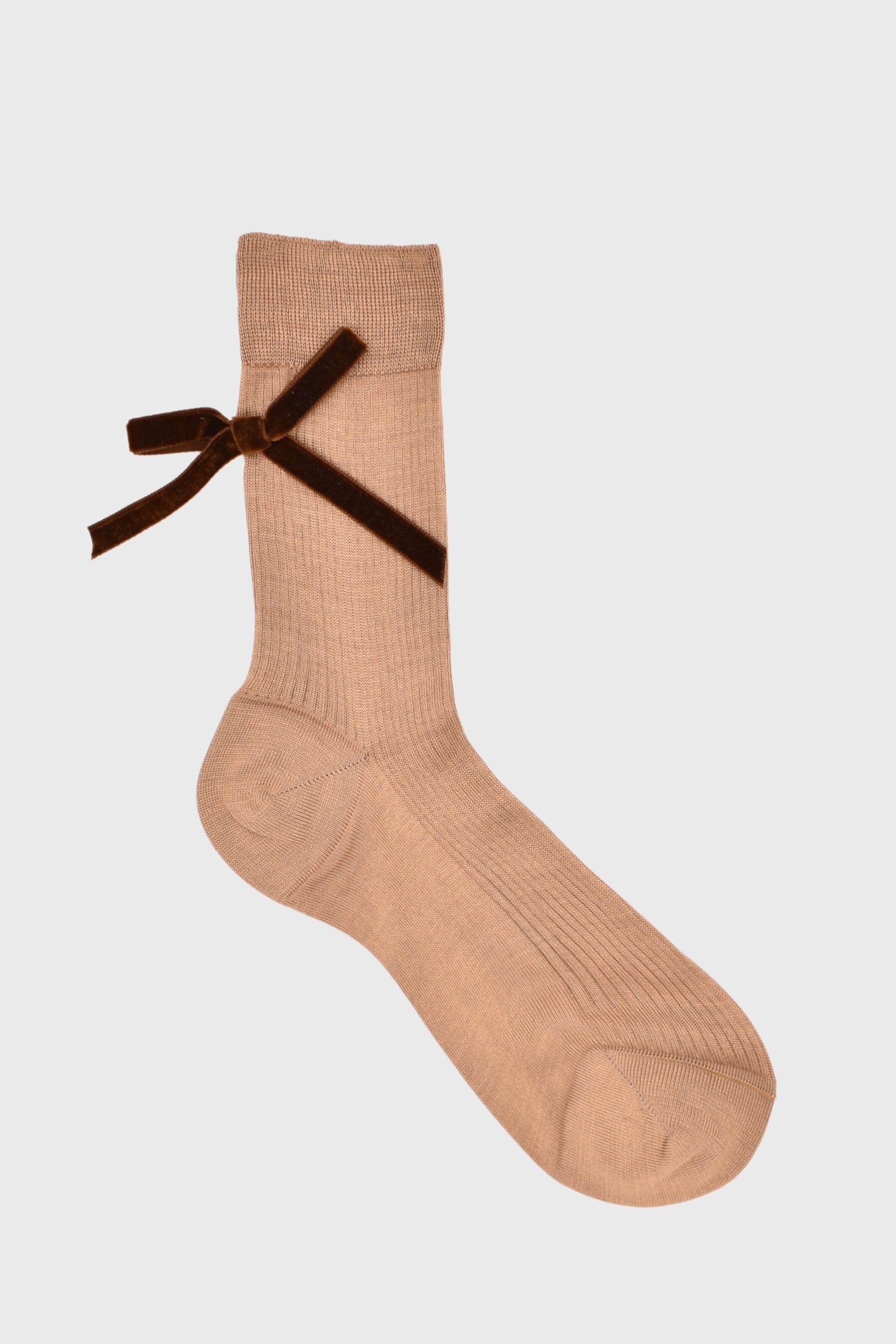 Maria La Rosa | One Ribbed Velvet Bow In Nocciola - SHOP YUCCA Socks MARIA LA ROSA - YUCCA 