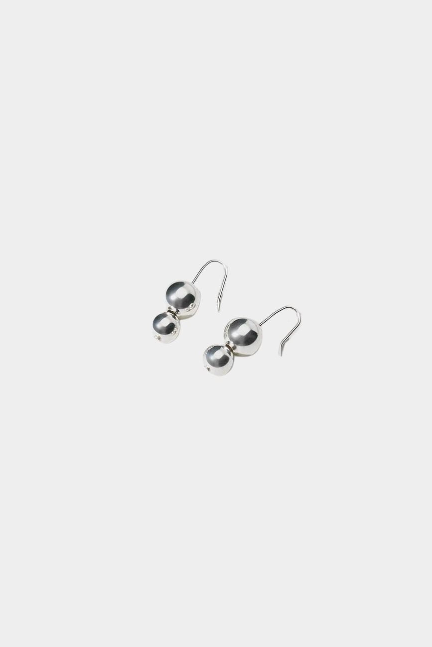 Maslo Jewelry double orb sterling silver drop earrings with polished round beads and sterling silver earwires on light gray background