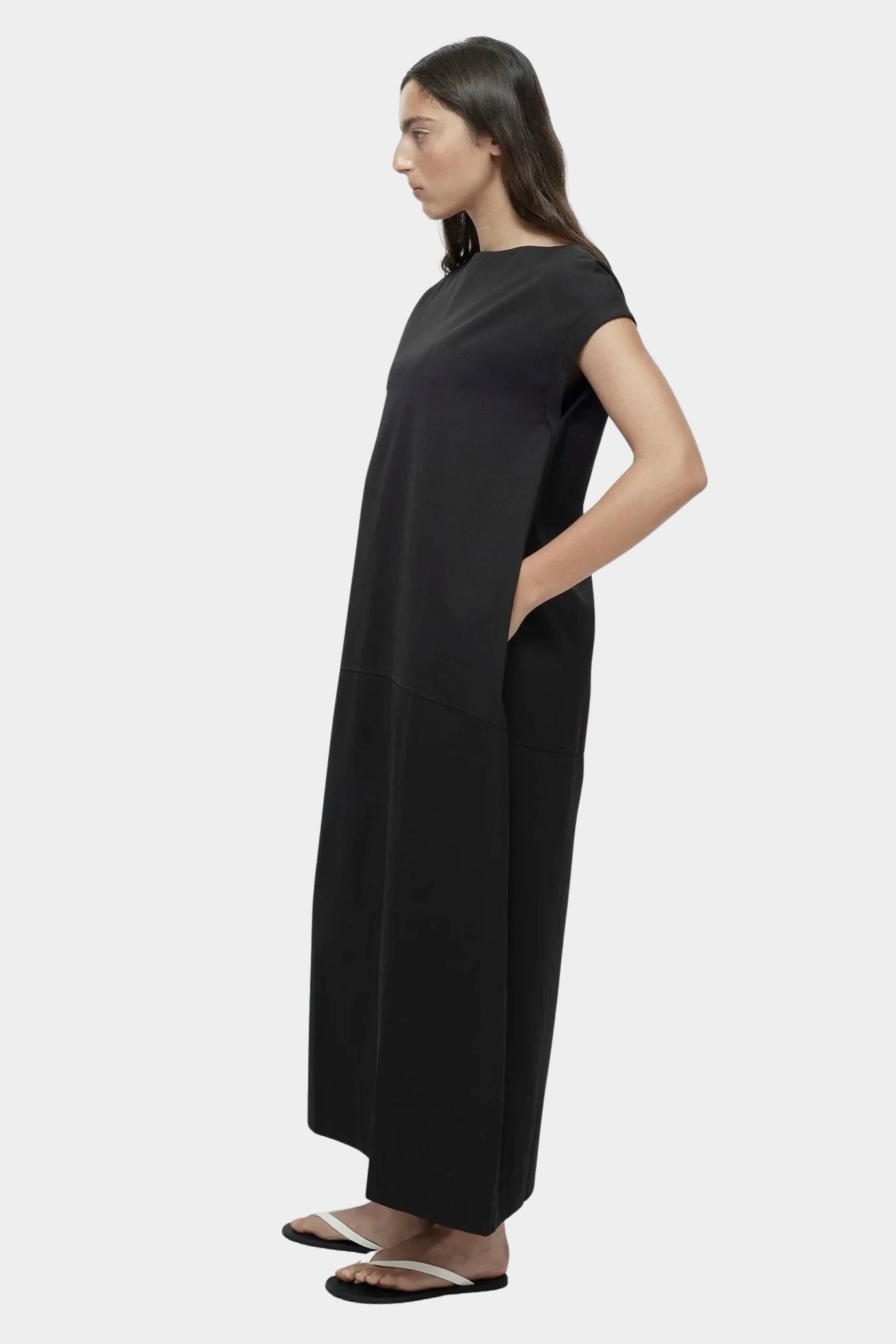 Mijeong Park balloon maxi dress black side profile structured fabric crew neckline cap sleeve silhouette