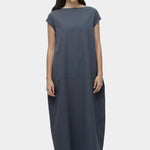 Mijeong Park balloon maxi dress blue gray full length front view structured balloon shape crew neck