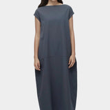 Mijeong Park balloon maxi dress blue gray full length front view structured balloon shape crew neck
