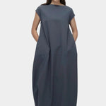 Mijeong Park balloon maxi dress blue gray full length front view relaxed balloon silhouette side pockets