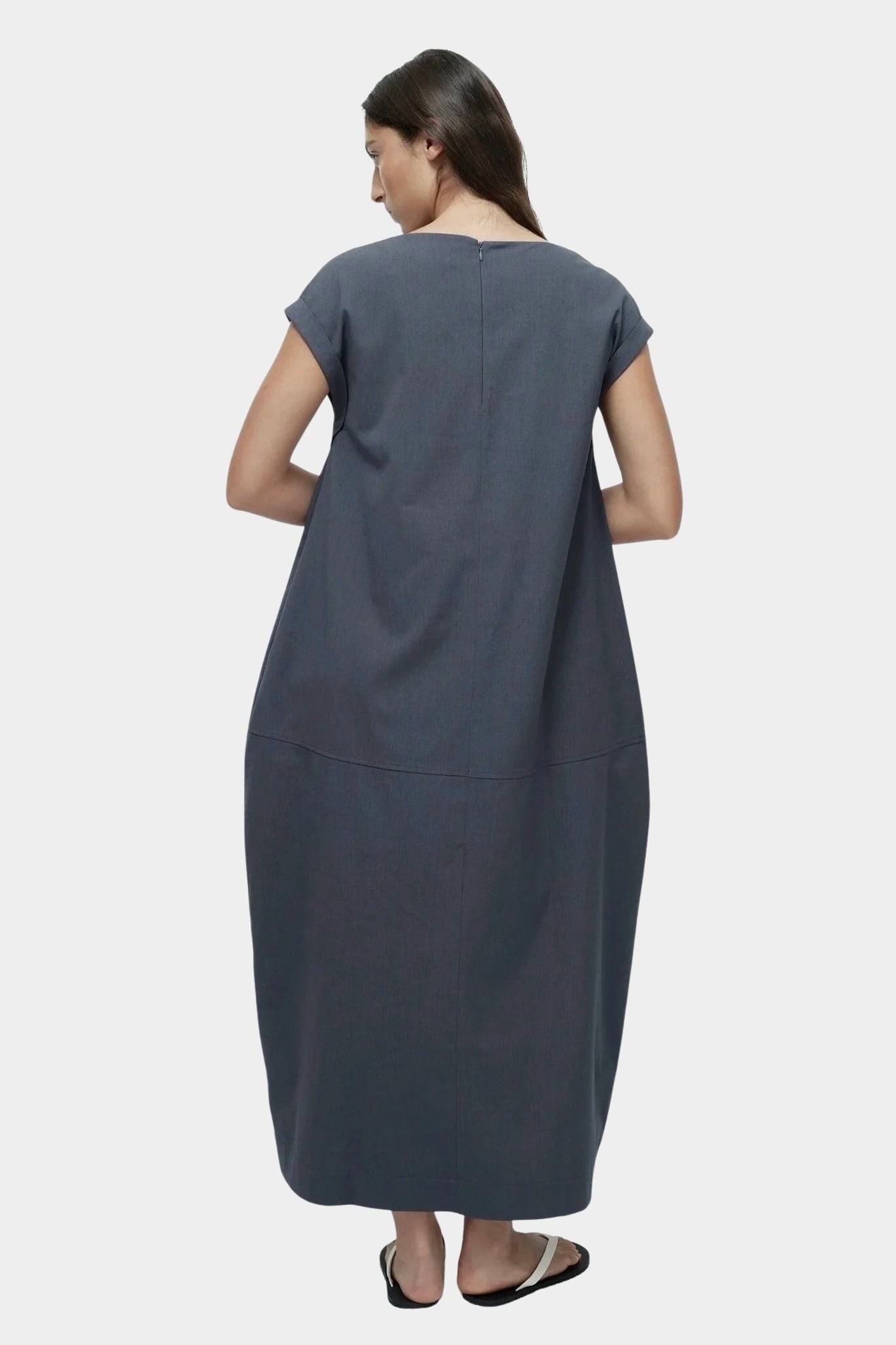 Mijeong Park balloon maxi dress blue gray back view relaxed fit balloon silhouette invisible zipper