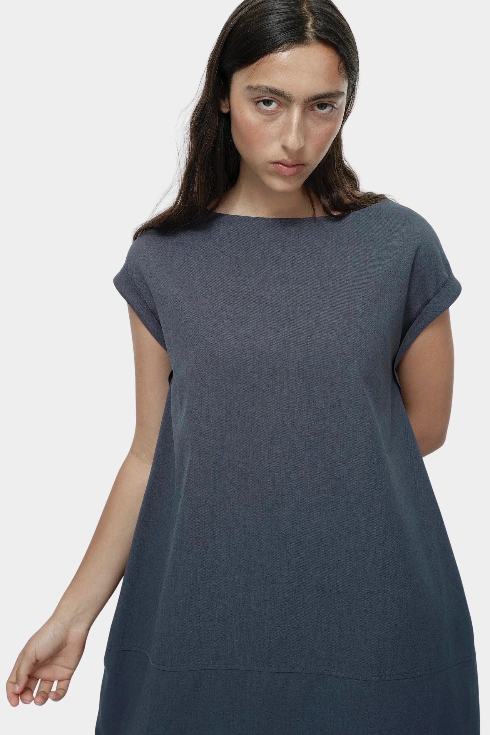 Mijeong Park balloon maxi dress blue gray front view relaxed silhouette crew neckline