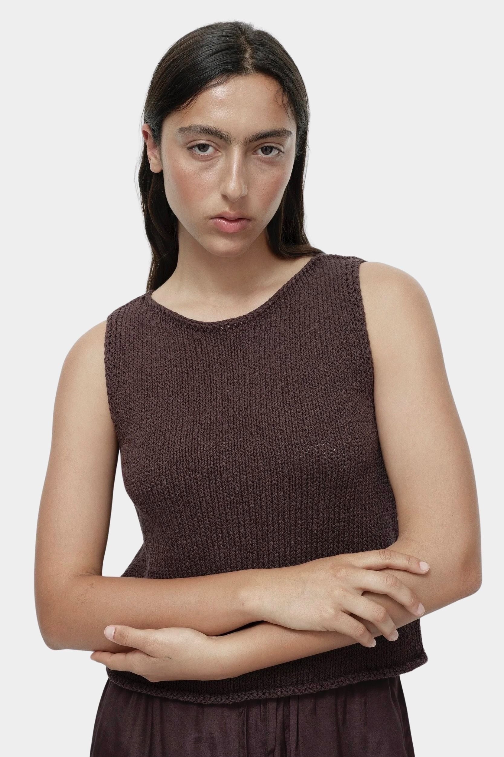 Mijeong Park dark brown minimal knit tank sleeveless cotton linen knit top styled with brown skirt minimalist summer outfit