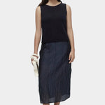 Mijeong Park navy boat neck minimal knit tank sleeveless cotton linen knit top styled with navy skirt and white shoes