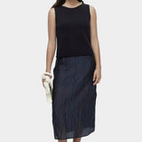 Mijeong Park navy boat neck minimal knit tank sleeveless cotton linen knit top styled with navy skirt and white shoes