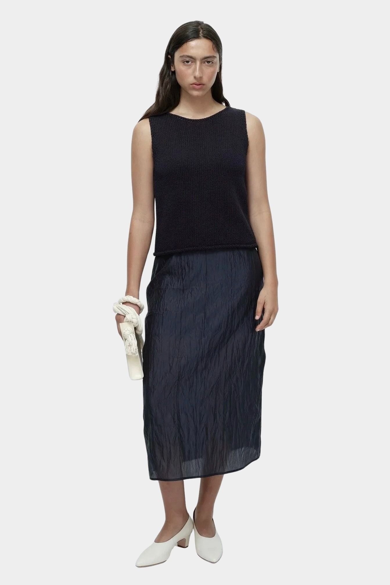 Mijeong Park navy boat neck minimal knit tank sleeveless cotton linen knit top styled with navy skirt and white shoes