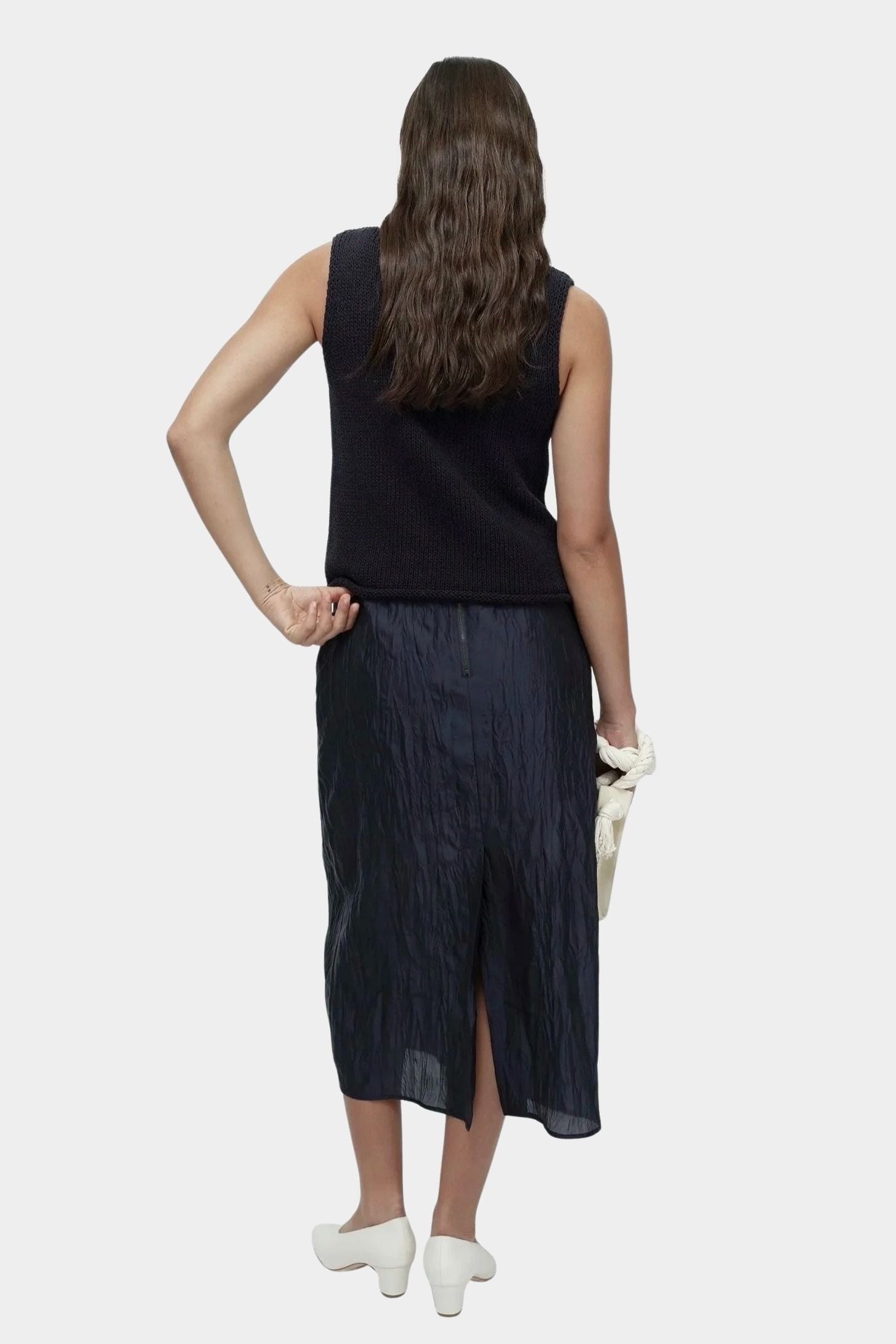 Mijeong Park navy minimal knit tank back view sleeveless cotton linen knit top with relaxed silhouette minimalist knitwear