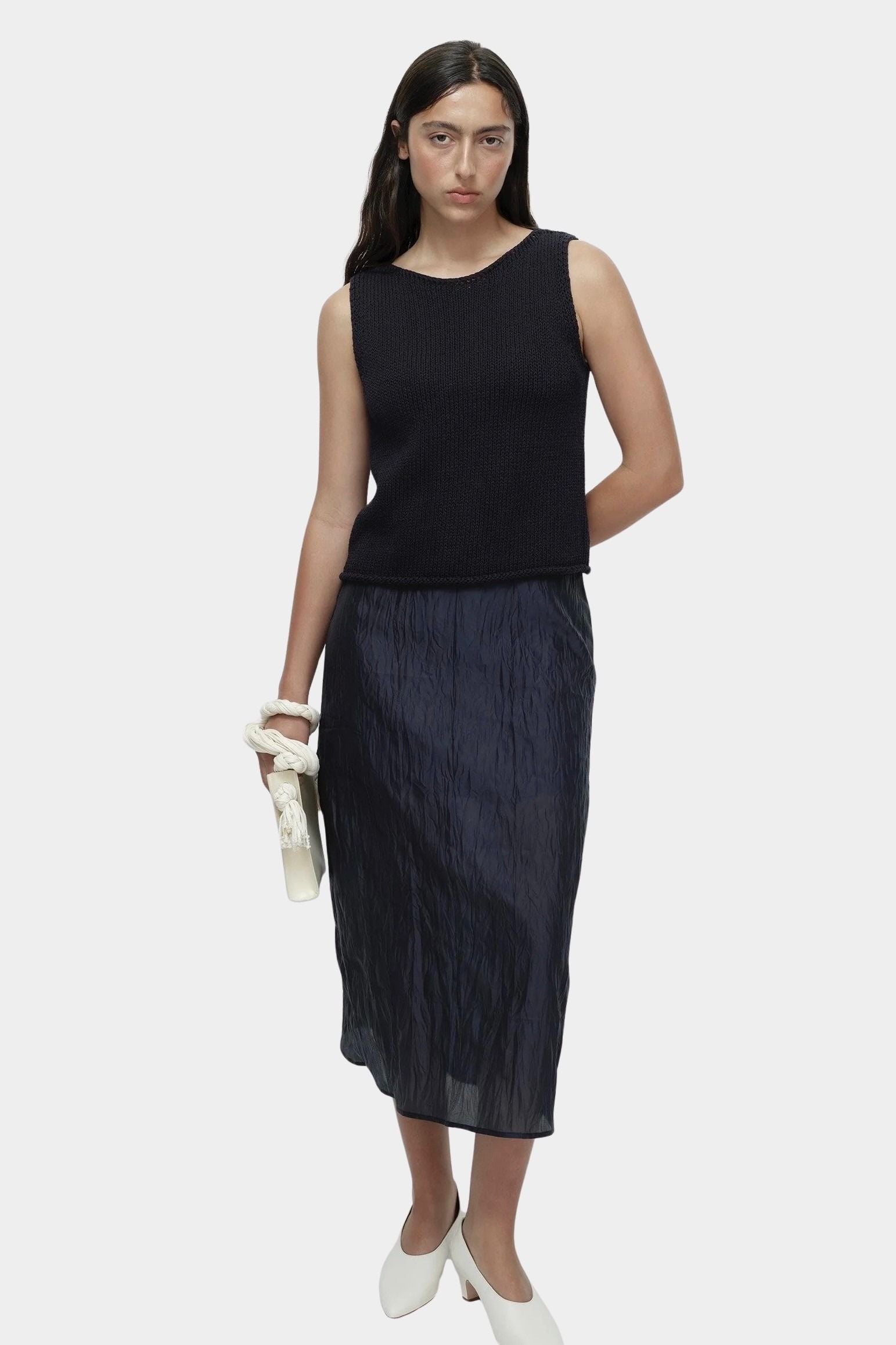 Mijeong Park navy boat neck minimal knit tank sleeveless cotton linen knit top relaxed fit minimalist summer clothing
