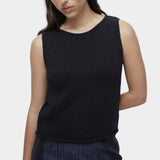Mijeong Park navy minimal knit tank with boat neckline in cotton linen knit, sleeveless minimalist summer knit top styled with navy skirt