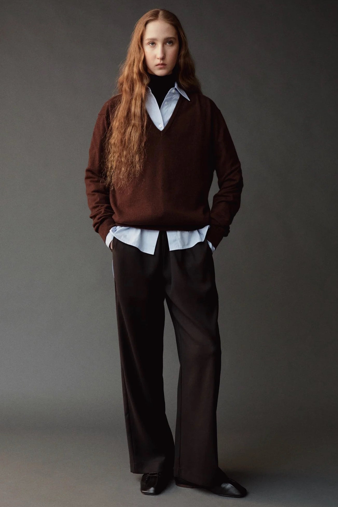 Mijeong Park Cashmere Blend V-Neck Knit Brown full front view showing relaxed fit and ribbed hem
