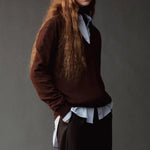 Mijeong Park Cashmere Blend V-Neck Knit Brown side view styled over a blue button-down shirt