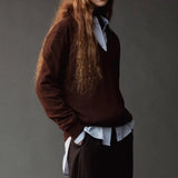 Mijeong Park Cashmere Blend V-Neck Knit Brown side view styled over a blue button-down shirt