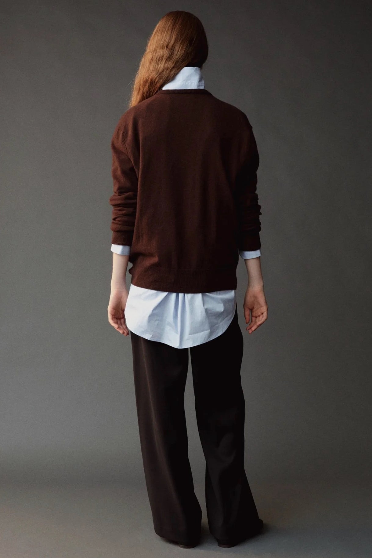 Mijeong Park Cashmere Blend V-Neck Knit Brown back view showing relaxed silhouette and long sleeves