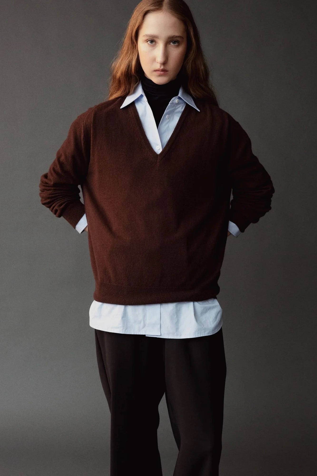 Mijeong Park Cashmere Blend V-Neck Knit Brown front view showing deep V-neck and relaxed fit