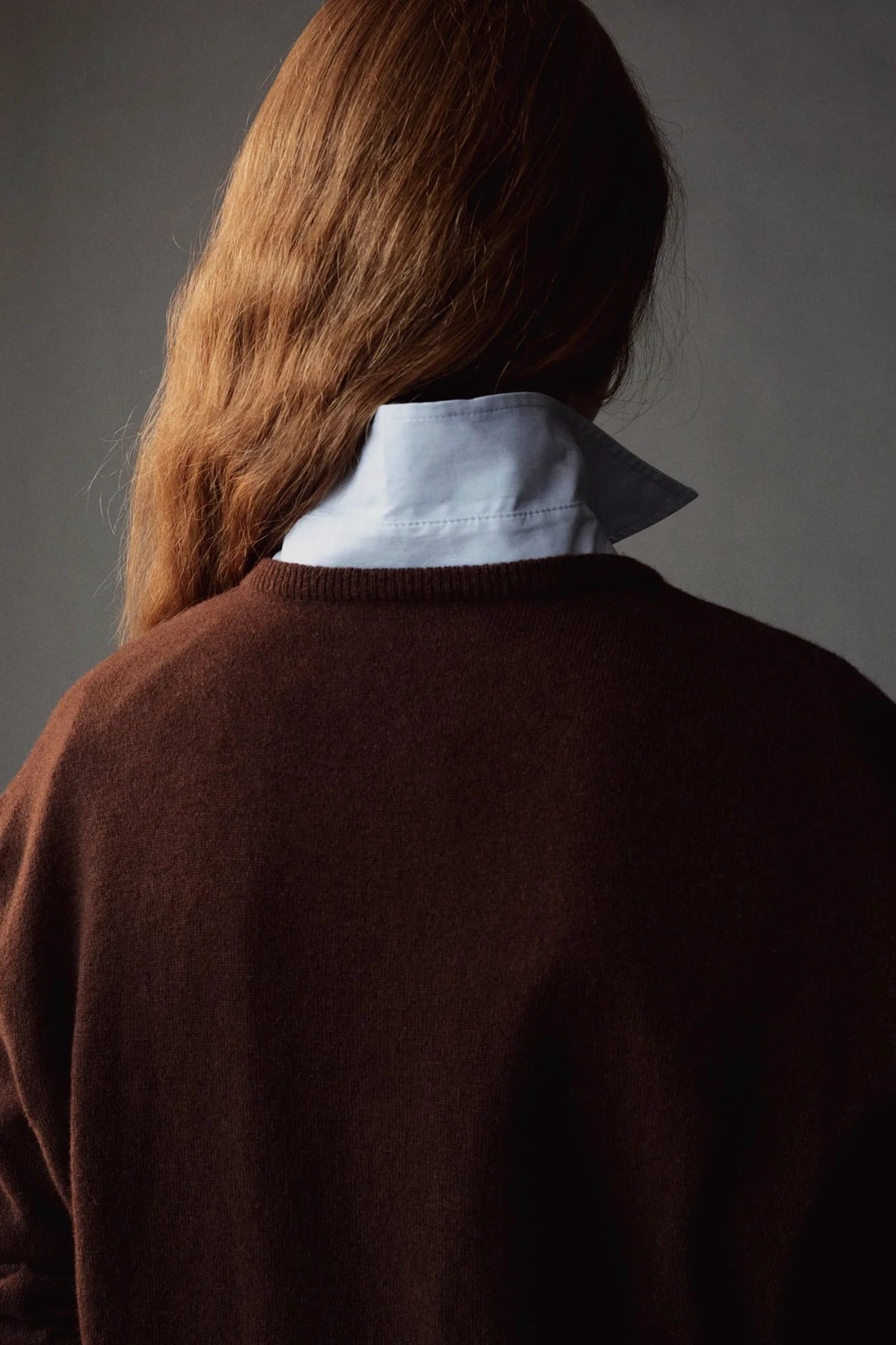 Mijeong Park Cashmere Blend V-Neck Knit Brown close-up back view showing fine knit texture