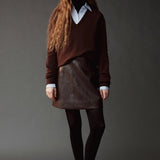 Mijeong Park Cashmere Blend V-Neck Knit Brown styled front view with layered shirt at YUCCA Denver