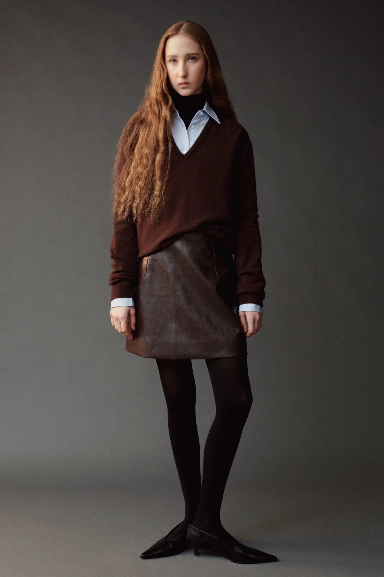 Mijeong Park Cashmere Blend V-Neck Knit Brown styled front view with layered shirt at YUCCA Denver