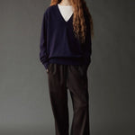 Mijeong Park Cashmere Blend V-Neck Knit Navy full front view styled over white crewneck tee