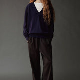 Mijeong Park Cashmere Blend V-Neck Knit Navy full front view styled over white crewneck tee