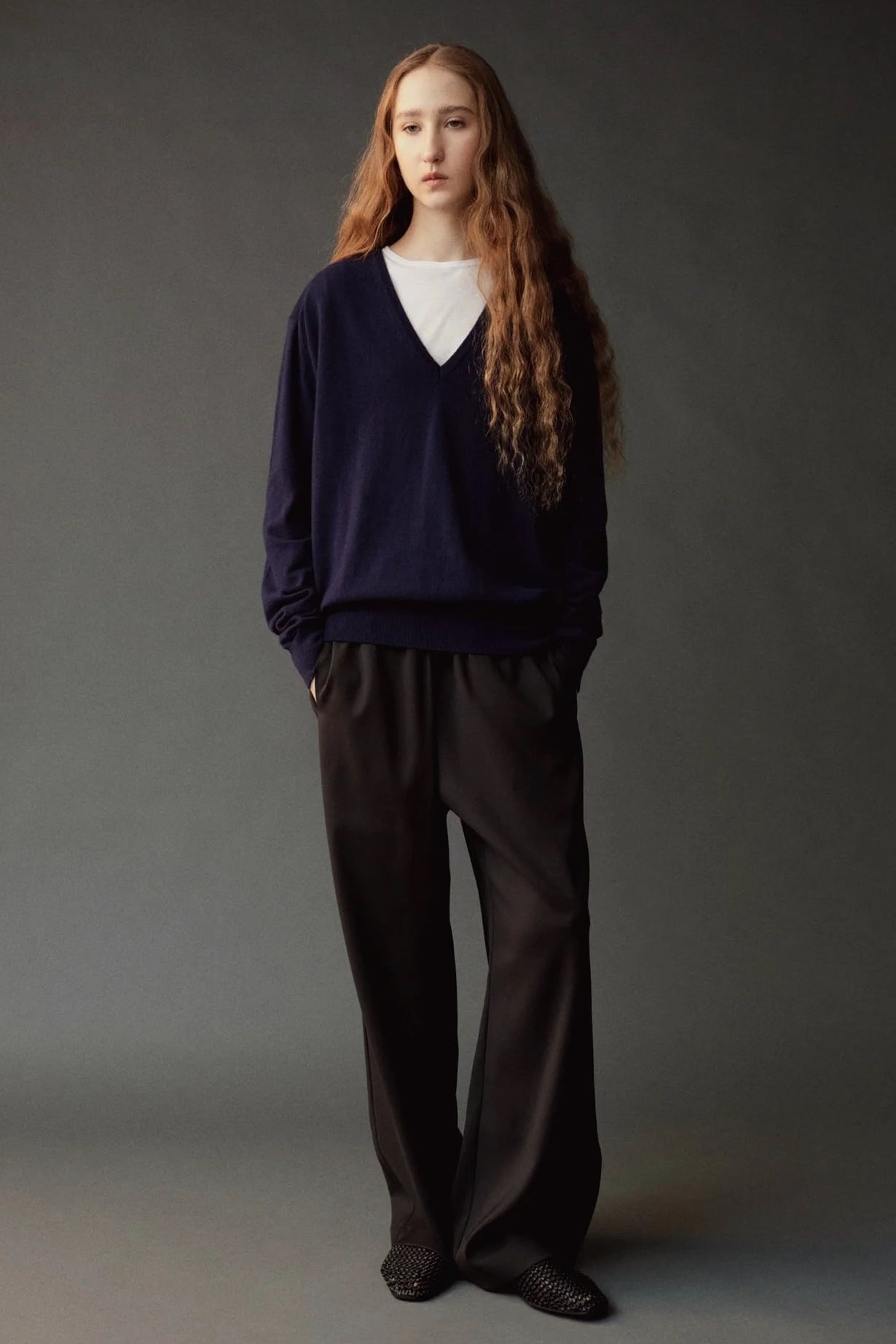 Mijeong Park Cashmere Blend V-Neck Knit Navy full front view styled over white crewneck tee