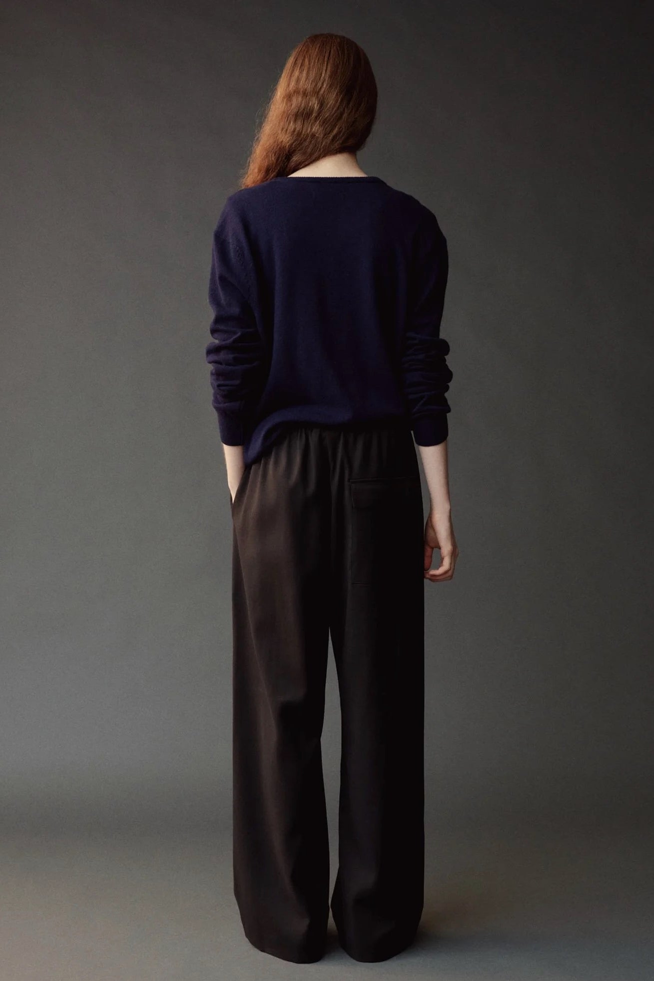 Mijeong Park Cashmere Blend V-Neck Knit Navy back view showing relaxed silhouette and long sleeves