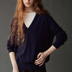 Mijeong Park Cashmere Blend V-Neck Knit Navy relaxed fit front view at YUCCA Denver